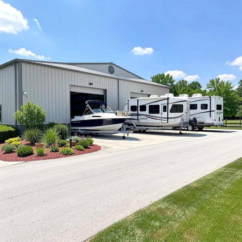 Boat and RV parked outside a self storage facility at the end of summer